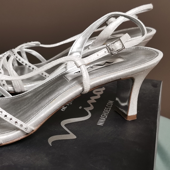 Strappy sling back sandals. White and silver. Size 10 M. - Picture 2 of 3